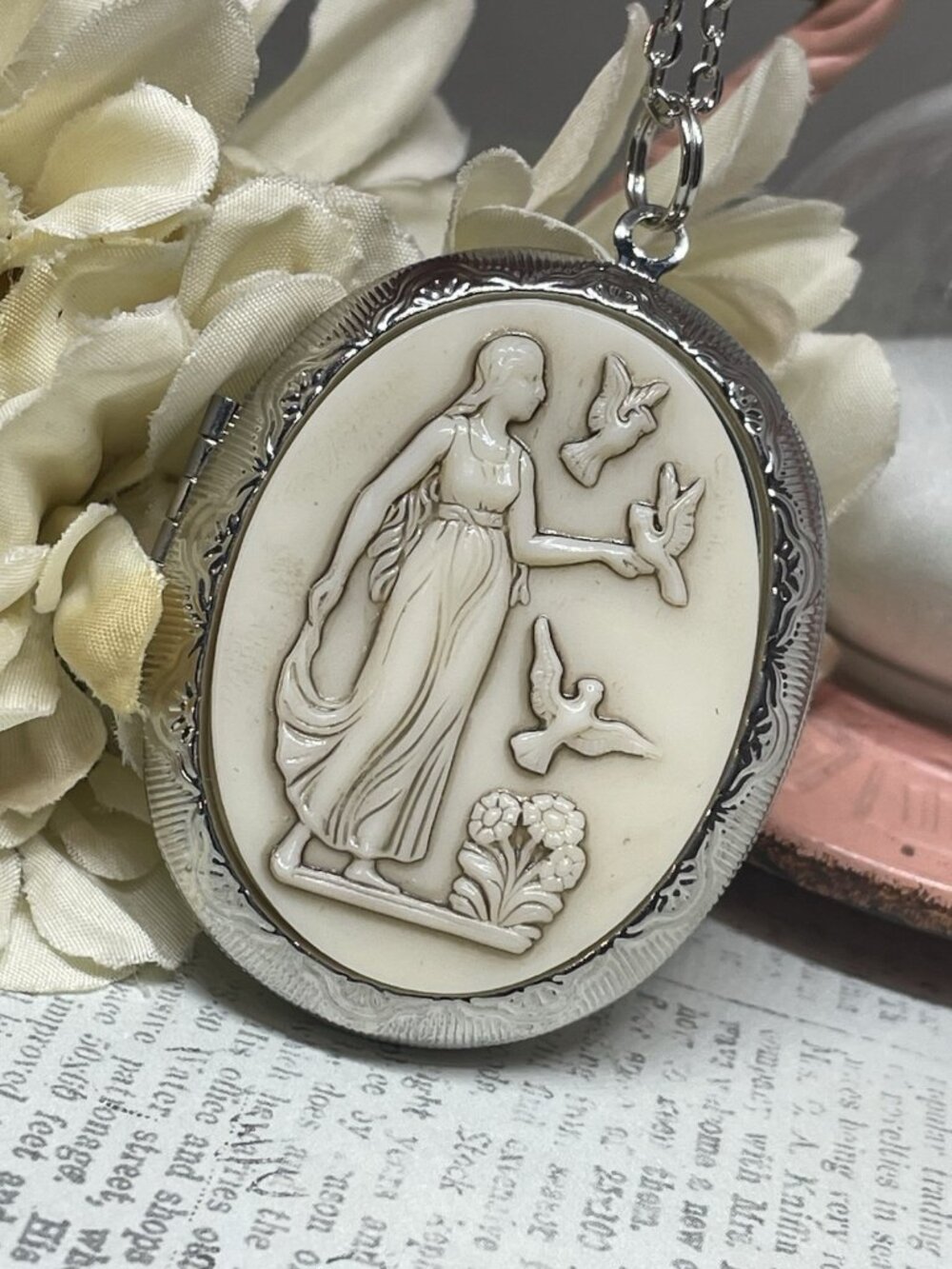 Silver White Neoclassical Slate Carved Bird Lady Dove Necklace Locket Jewelry